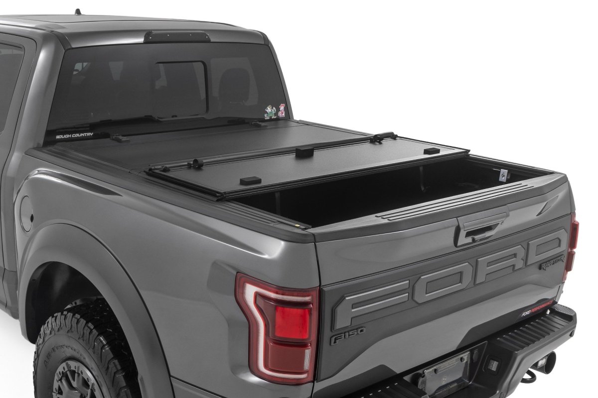 Ford F-150 Lightning Hard Tri-Fold Flip Up Bed Cover - Rough Country - Flip Up - 4WD - '22-'24